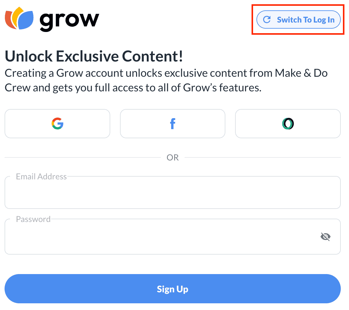 A white box providing the opportunity to create an account with Grow.